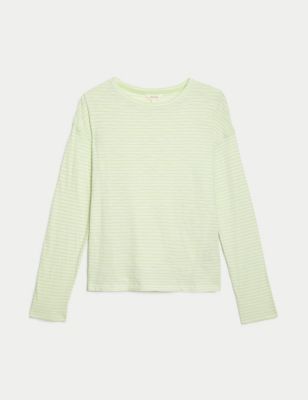 Per Una Womens Pure Cotton Striped T-Shirt - 10 - Light Green Mix, Light Green Mix,Navy Mix