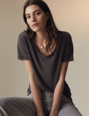 Per Una Womens Modal Rich Scoop Neck T-Shirt - 6 - Carbon, Carbon,Tangerine,Soft White,Air Force Blu