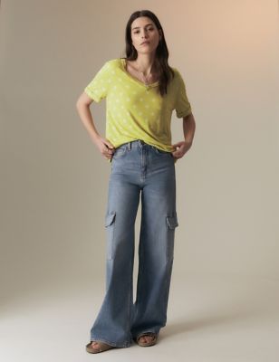Per Una Womens Linen Blend Printed T-Shirt - 10 - Yellow Mix, Yellow Mix,Ecru Mix