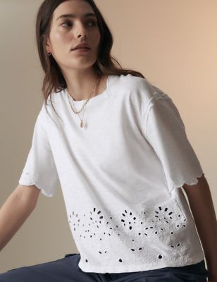 Per Una Womens Pure Cotton Broderie T-Shirt - 16 - Soft White, Soft White,Black