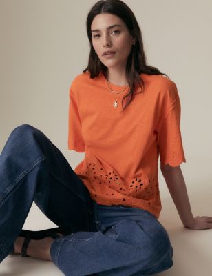 

Womens Per Una Pure Cotton Broderie T-Shirt - Tangerine, Tangerine