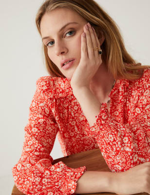 

Womens Per Una Popover-Bluse mit Blumenmuster und eingekerbtem Ausschnitt - Red Mix, Red Mix
