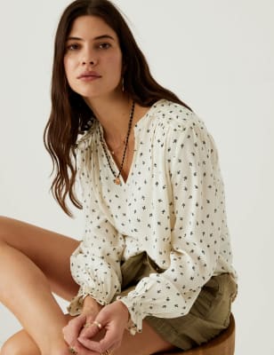 

Womens Per Una Floral Notch Neck Popover Blouse - Ivory Mix, Ivory Mix