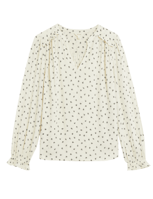 

Womens Per Una Popover-Bluse mit Blumenmuster und eingekerbtem Ausschnitt - Ivory Mix, Ivory Mix