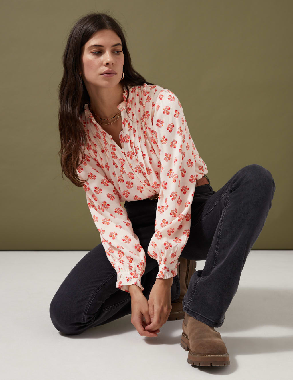 Floral Pintuck Long Sleeve Blouse image 1