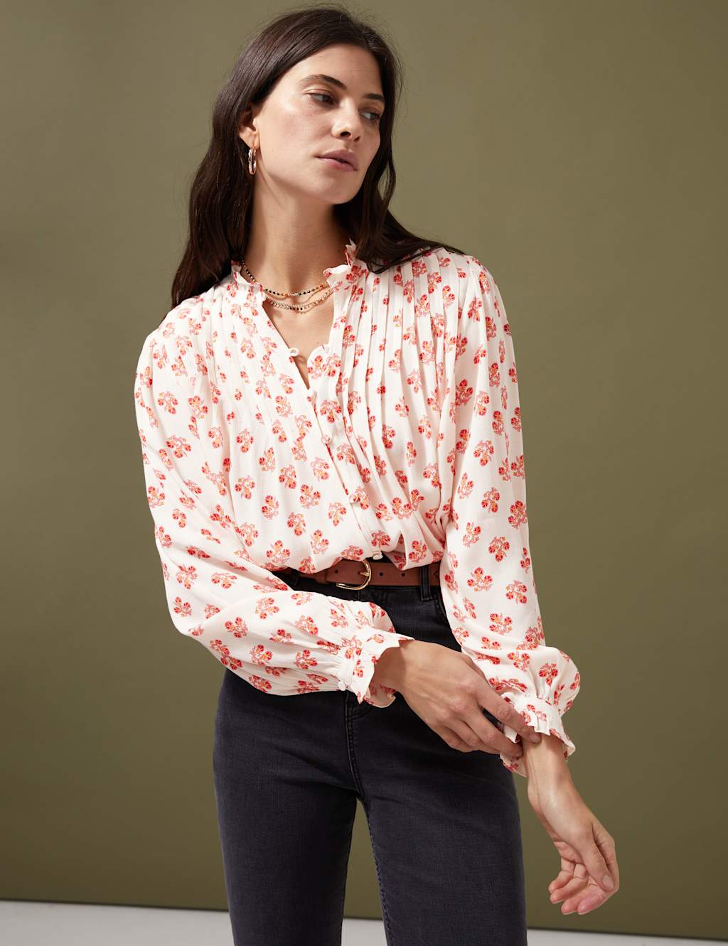 Floral Pintuck Long Sleeve Blouse image 3