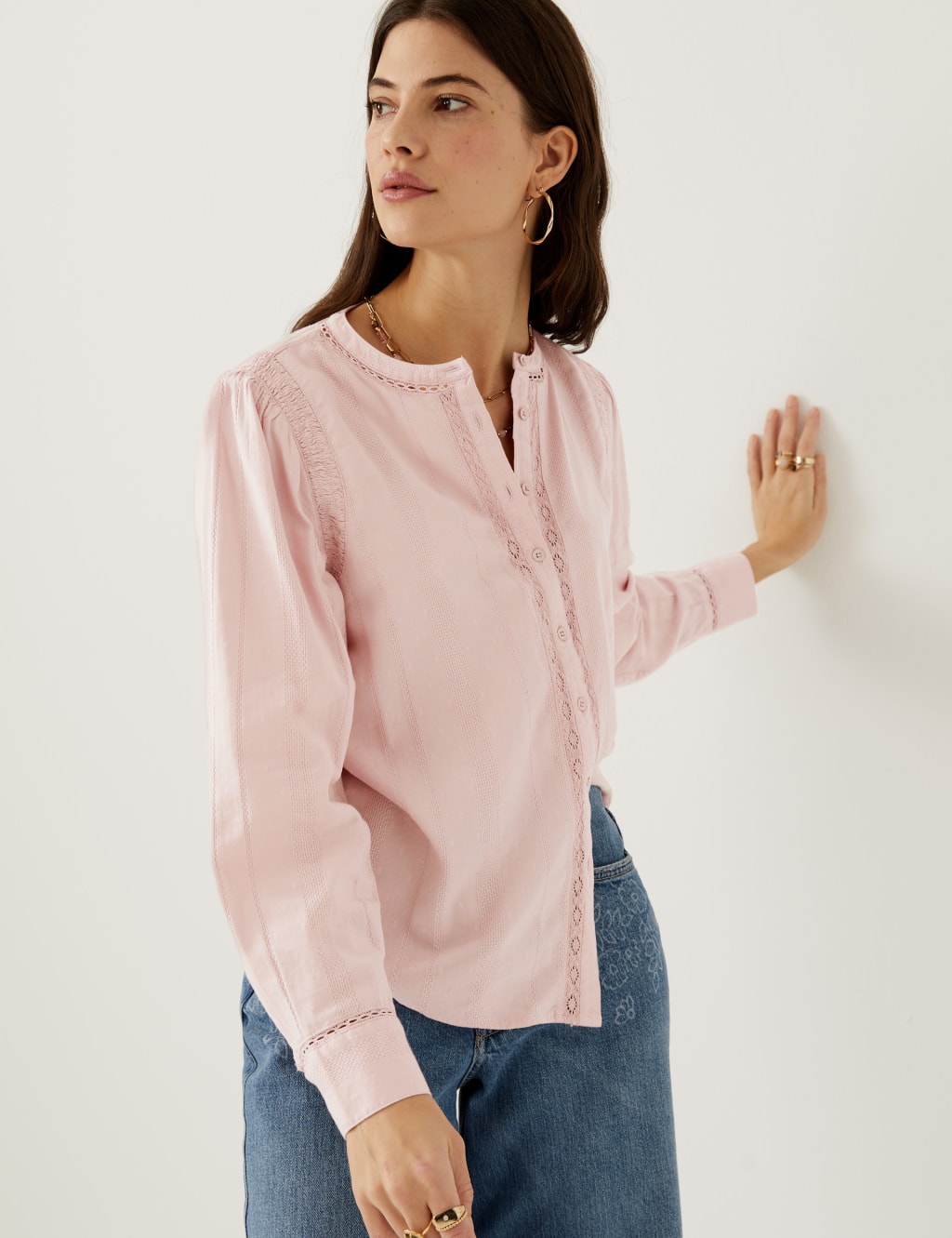 Cotton Blend Textured Lace Insert Blouse image 1