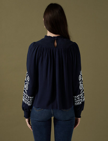 Embroidered Funnel Neck Blouse