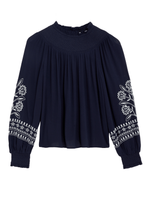 

Womens Per Una Embroidered Funnel Neck Blouse - Navy Mix, Navy Mix