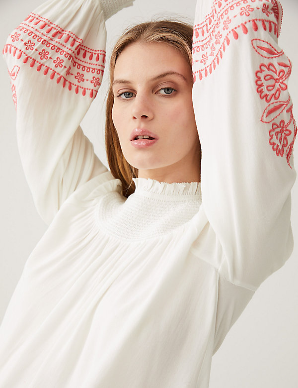 Embroidered Funnel Neck Blouse - SA