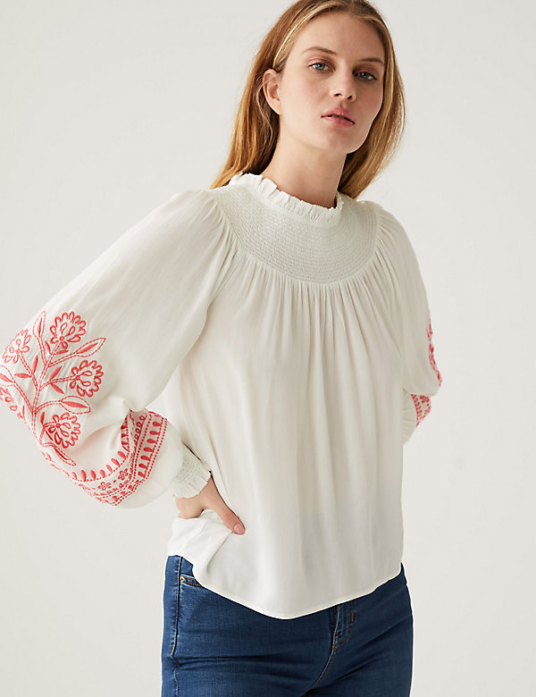 Embroidered Funnel Neck Blouse - AU