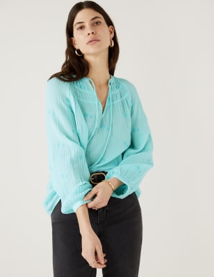 

Womens Per Una Pure Cotton Embroidered Notch Neck Blouse - Aqua, Aqua