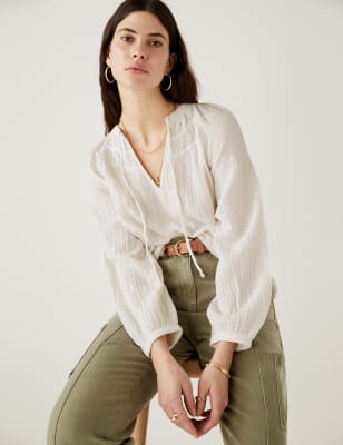 

Womens Per Una Pure Cotton Embroidered Notch Neck Blouse - Ecru, Ecru