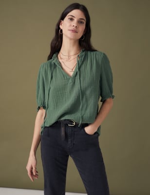 

Womens Per Una Pure Cotton Textured Notch Neck Blouse - Antique Green, Antique Green