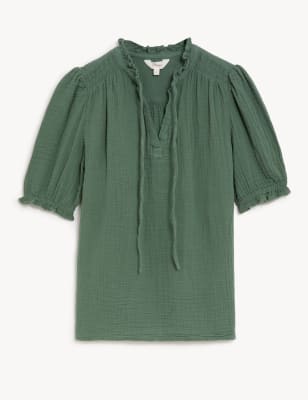 Pure Cotton Textured Notch Neck Blouse