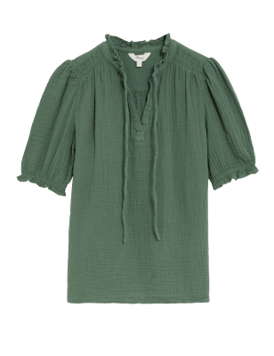 

Womens Per Una Pure Cotton Textured Notch Neck Blouse - Antique Green, Antique Green