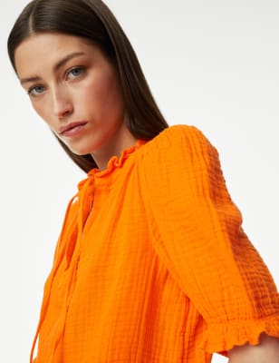 

Womens Per Una Pure Cotton Textured Notch Neck Blouse - Bright Orange, Bright Orange