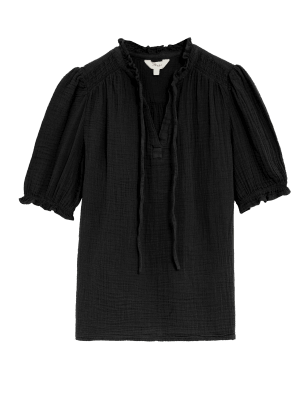 

Per Una Blusa texturizada 100% algodón con cuello con muescaWomens - Black, Black