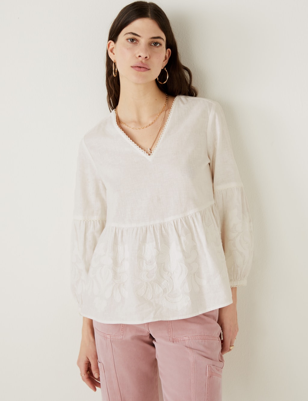 Linen Rich Embroidered V-Neck Blouse image 2
