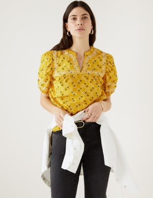 

Womens Per Una Pure Cotton Embroidered Notch Neck Blouse - Yellow Mix, Yellow Mix