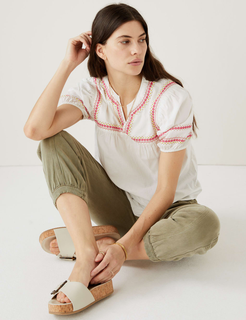 Pure Cotton Embroidered Notch Neck Blouse image 1
