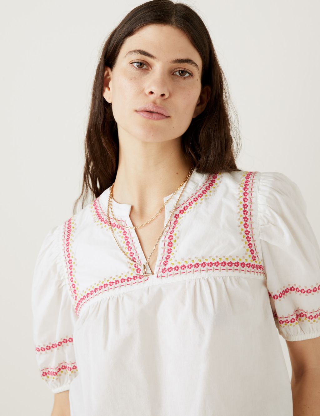 Pure Cotton Embroidered Notch Neck Blouse image 2