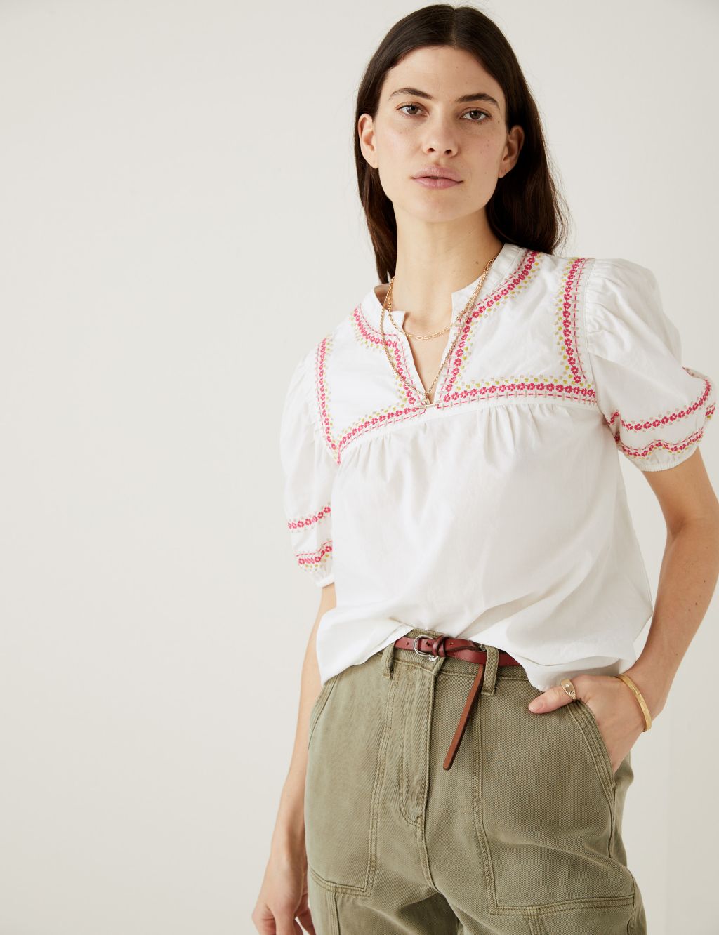 Pure Cotton Embroidered Notch Neck Blouse image 3