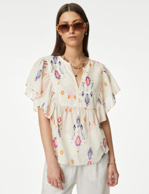 

Womens Per Una Pure Cotton Printed Notch Neck Blouse - Ecru Mix, Ecru Mix