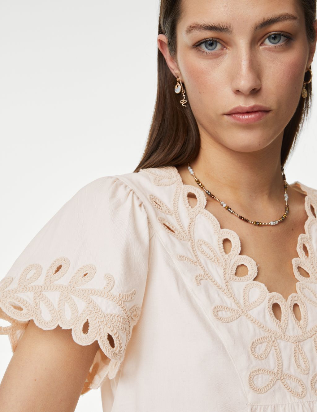 Pure Cotton Embroidered V-Neck Blouse image 1