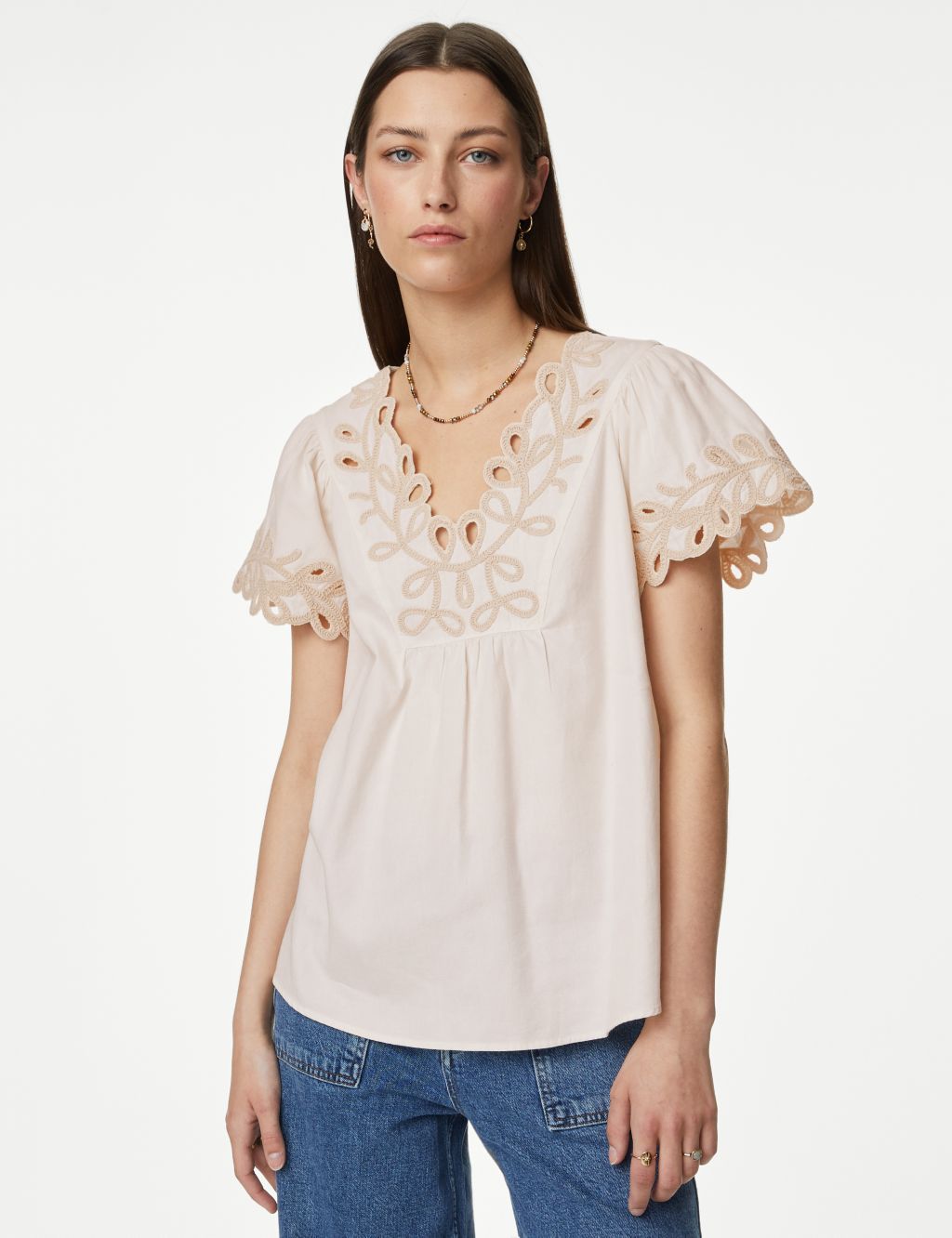 Pure Cotton Embroidered V-Neck Blouse image 3