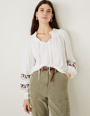 Embroidered Tie Neck Blouse