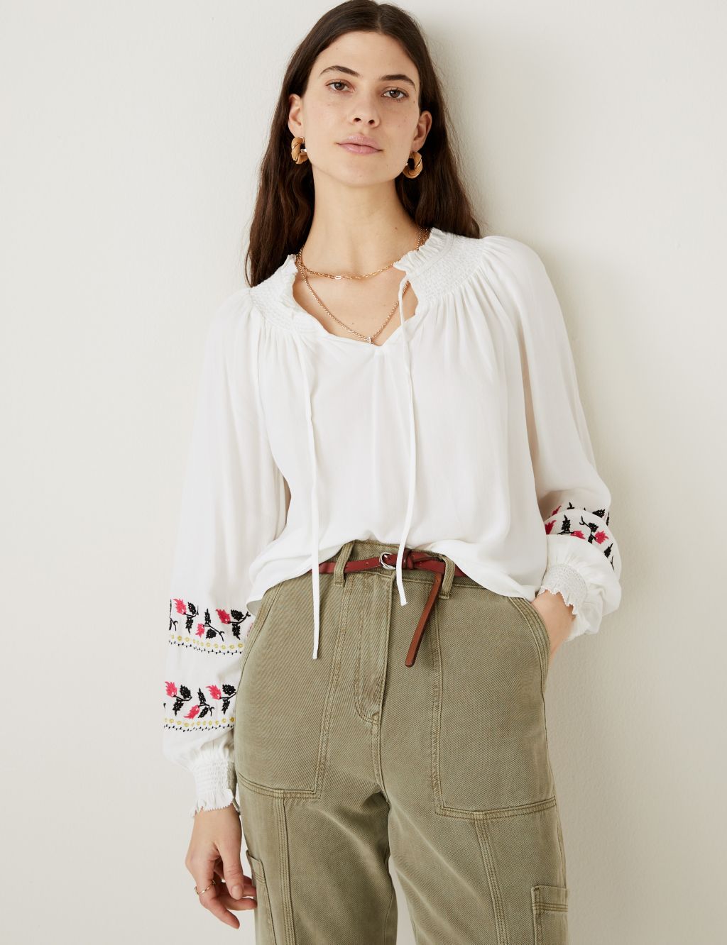 Embroidered Tie Neck Blouse image 1