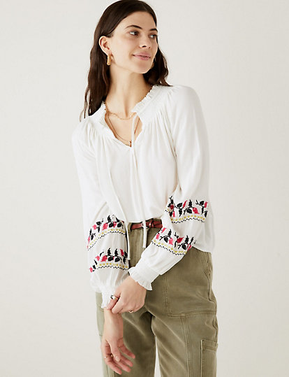 Embroidered Tie Neck Blouse