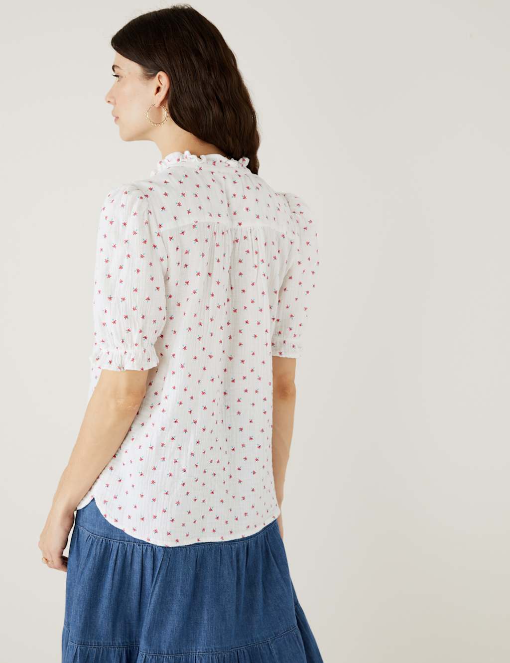 Cotton Rich Textured Floral V-Neck Blouse image 3