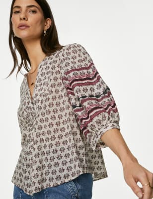 

Per Una Blusa estampada 100% algodón con cuello con muescaWomens - Ecru Mix, Ecru Mix