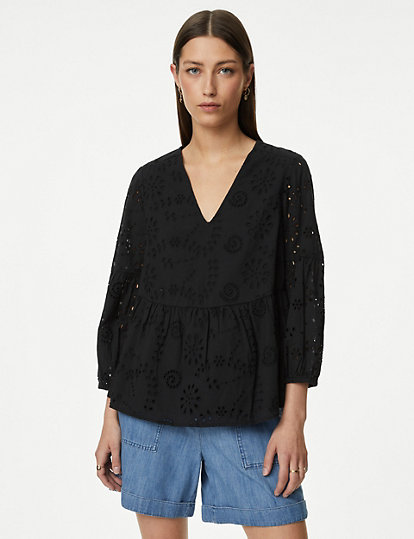 Pure Cotton Broderie V-Neck Blouse