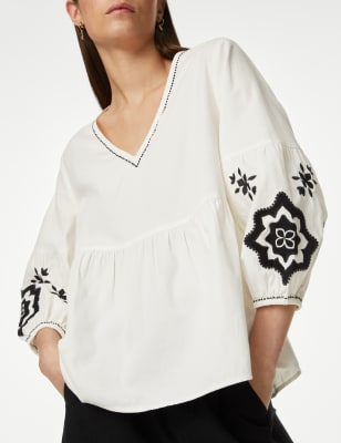 

Womens Per Una Pure Cotton Embroidered V-Neck Blouse - Ecru Mix, Ecru Mix