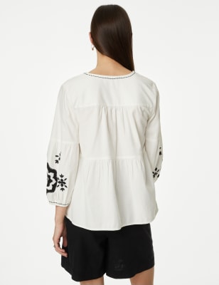 Pure Cotton Embroidered VNeck Blouse