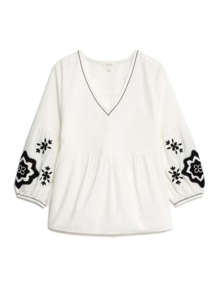 Pure Cotton Embroidered V-Neck Blouse
