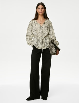 

Womens Per Una Printed Shirred Tie Neck Blouse - Ecru Mix, Ecru Mix