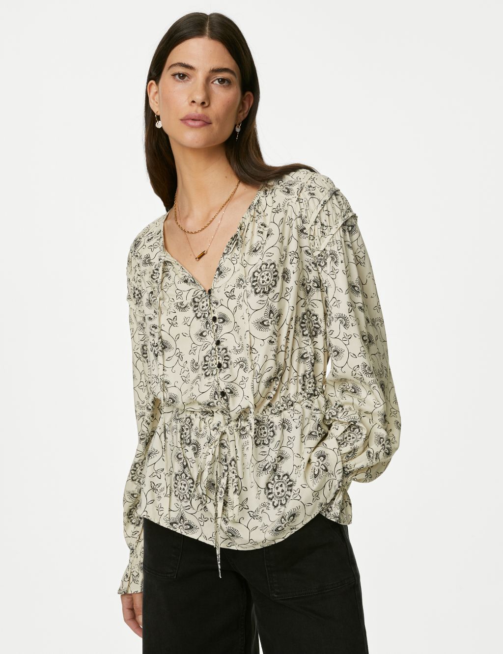 Printed Shirred Tie Neck Blouse image 3