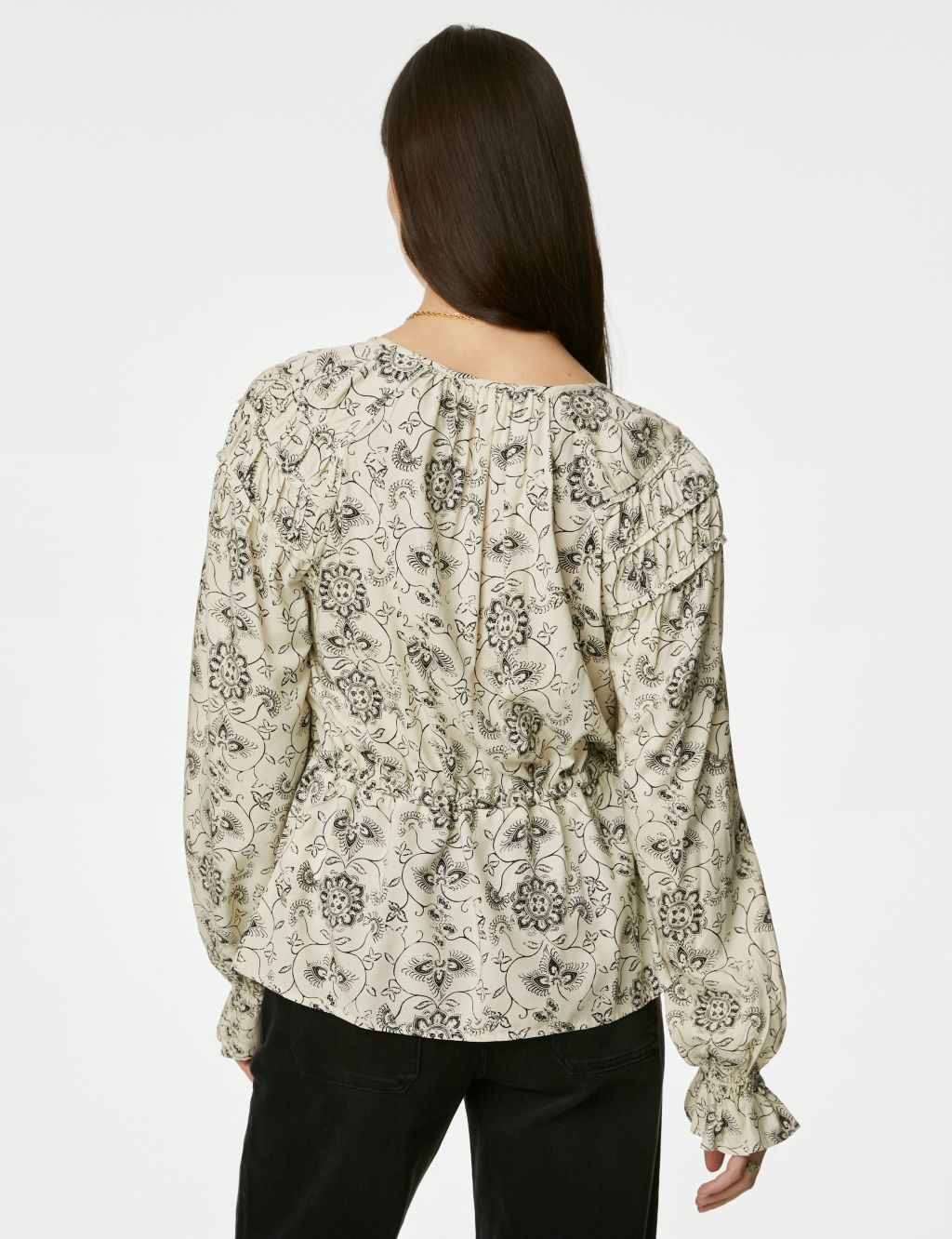 Printed Shirred Tie Neck Blouse image 5