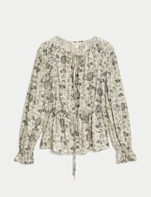

Womens Per Una Printed Round Neck Shirred Tie Front Blouse - Ecru Mix, Ecru Mix