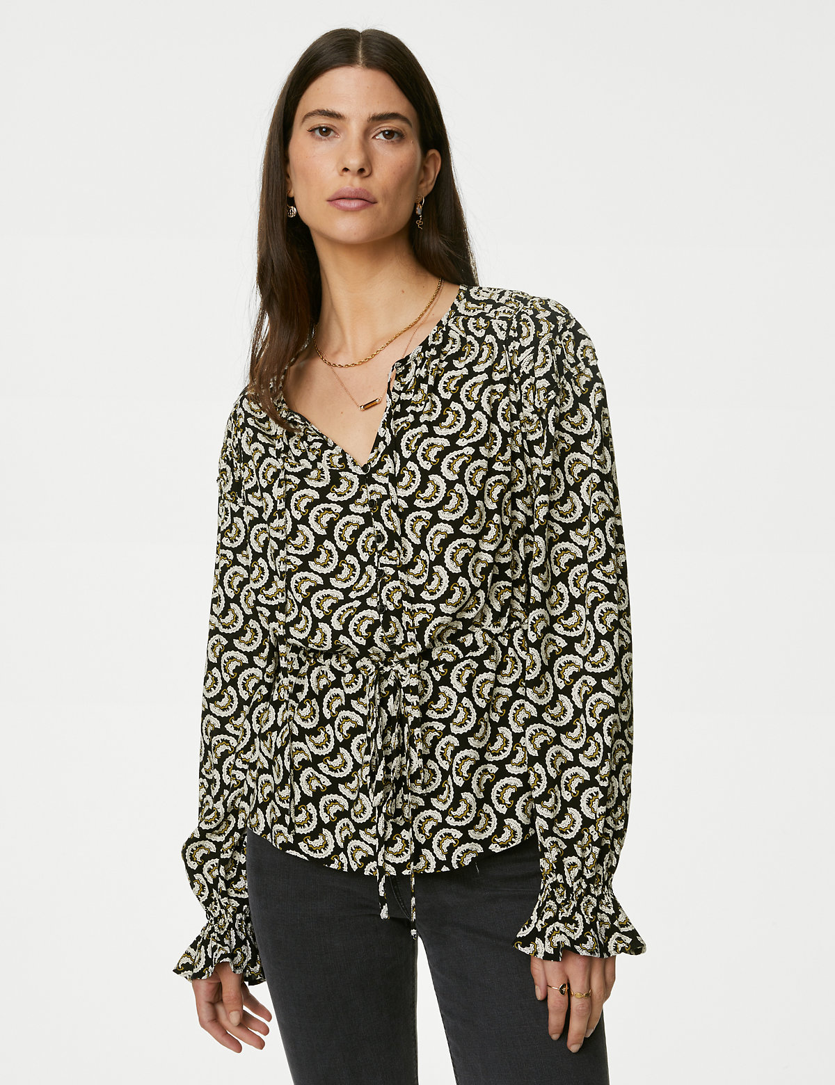 Printed Shirred Tie Neck Blouse