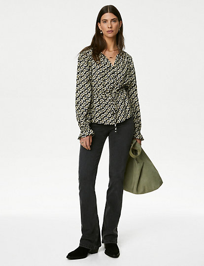 Printed Shirred Tie Neck Blouse