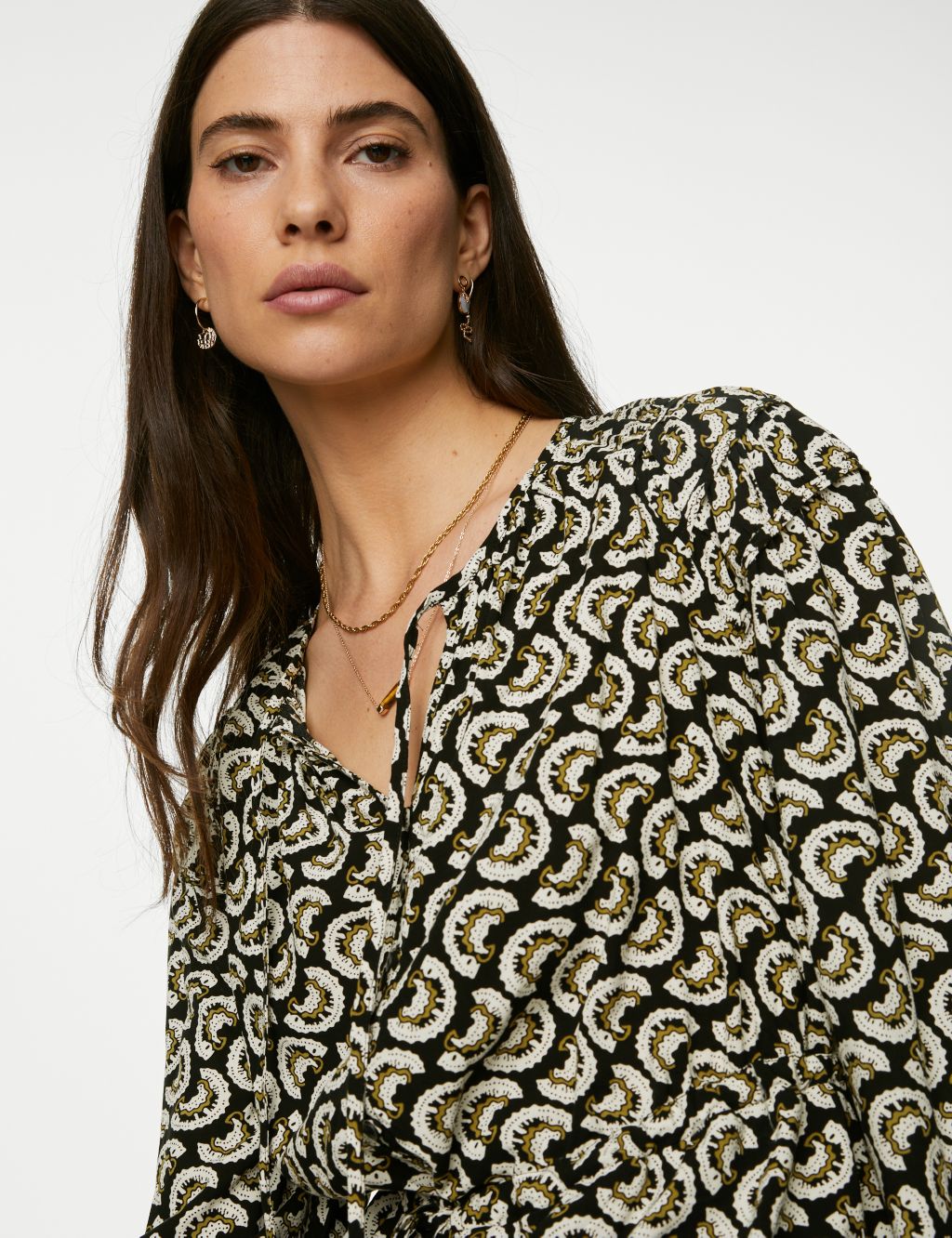 Printed Shirred Tie Neck Blouse image 4