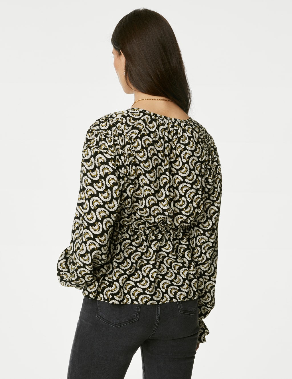 Printed Shirred Tie Neck Blouse image 5