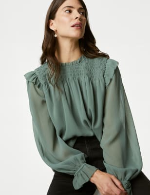 

Womens Per Una Shirred High Neck Frill Detail Blouse - Antique Green, Antique Green