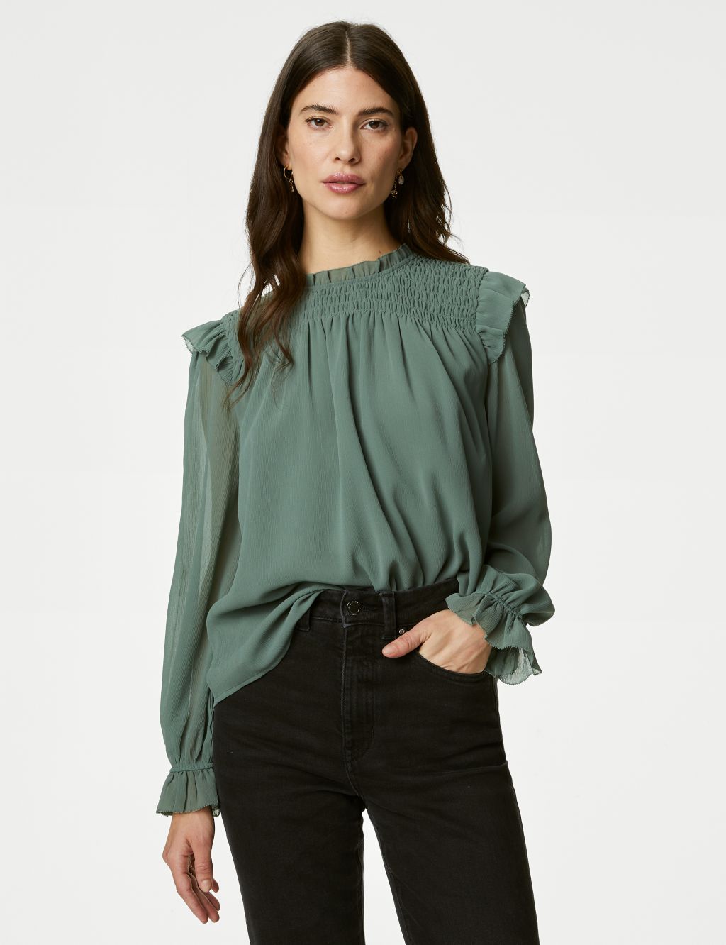 Shirred High Neck Frill Detail Blouse image 4