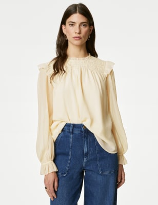 

Womens Per Una Shirred High Neck Frill Detail Blouse - Ecru, Ecru